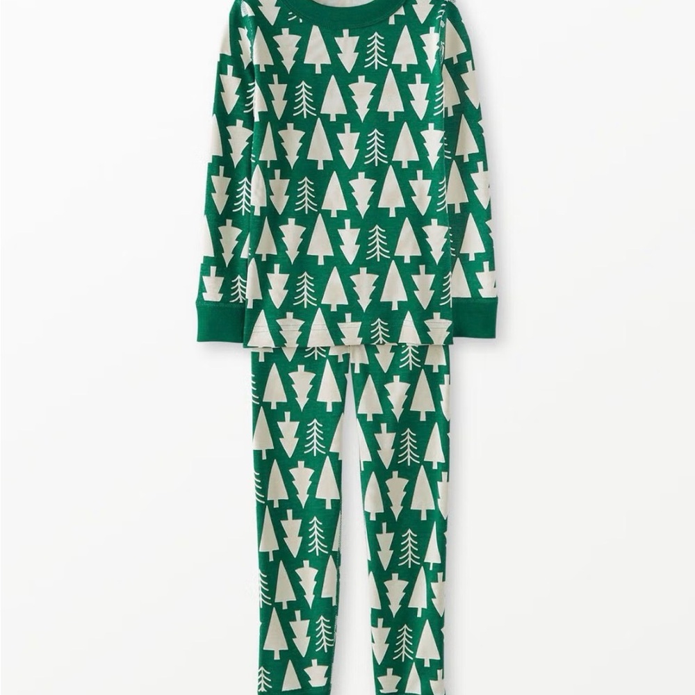 Hanna Andersson Green and Cream Tree-Print Pajama Set - size 8